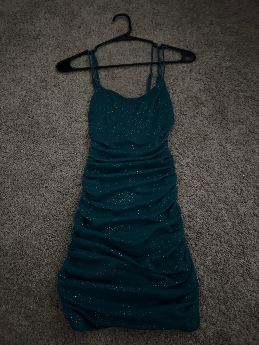 Lucy in the Sky Teal Sparkle Ruched Spaghetti-Strap Mini Dress